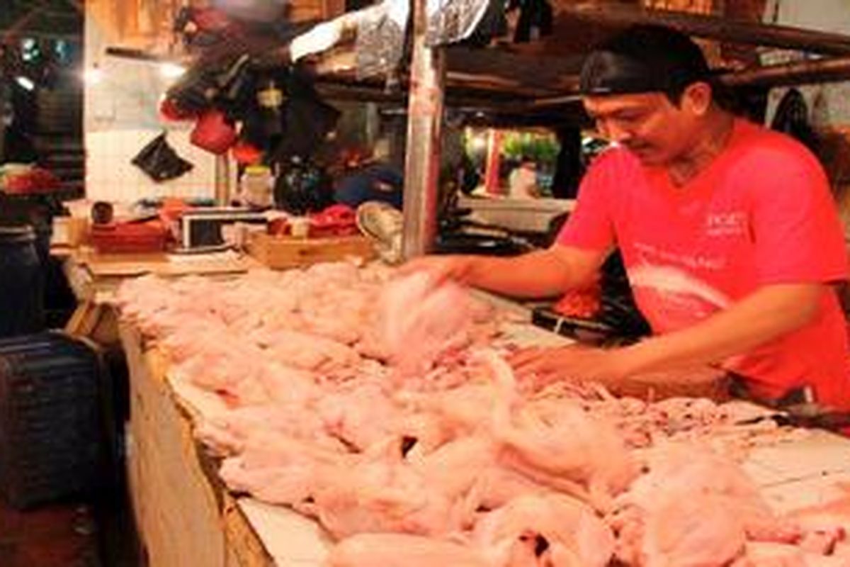 Yudi (38), pedagang daging ayam di Pasar Senen, Jakarta Pusat, tengah menyiapkan jualannya, Senin (9/7/2012). Menjelang puasa, harga daging ayam negeri di pasar ini mencapai Rp 26.500 per Kg, atau naik dari harga empat hari sebelumnya yang mencapai Rp 25.000 per Kg.   