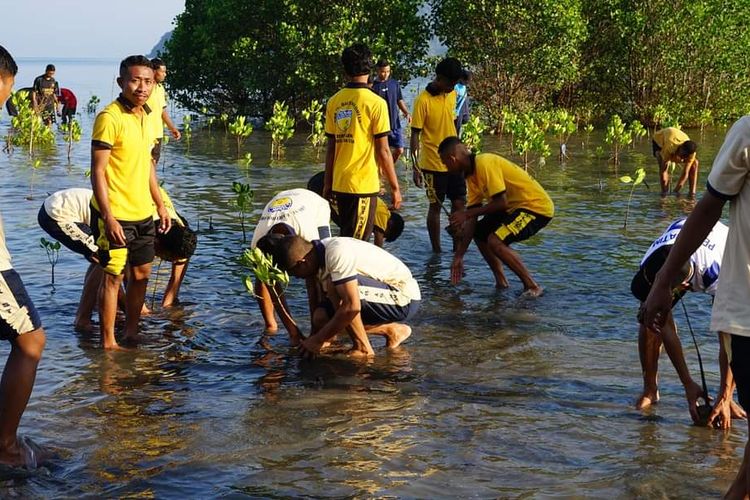 Pelajar SMK se-Manggarai Timur, Nusa Tenggara Timur, menanam anakan pohon mangrove di pantai Nangalirang-dampek, Kecamatan Lambaleda Utara, Oktober 2023.