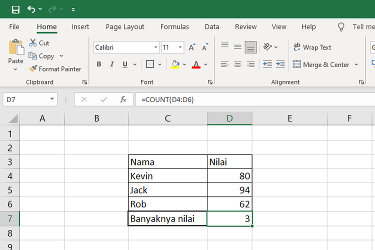 Cara menggunakan rumus COUNT di Microsoft Excel.