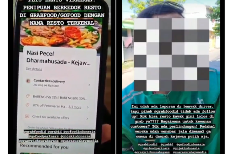 Tangkapan layar video viral seorang perempuan yang membongkar kasus penipuan berkedok resto terkenal pada aplikasi ojek online (ojol).
