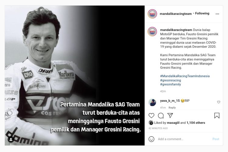 Keluarga besar Pertamina Mandalika SAG Team turut berduka cita atas meninggalnya Fausto Gresini