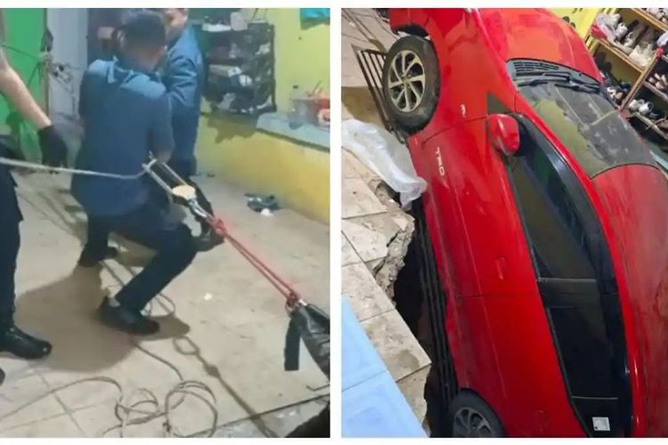 Mobil Nyungsep ke Septic Tank di Depok, Parkiran Mendadak Amblas