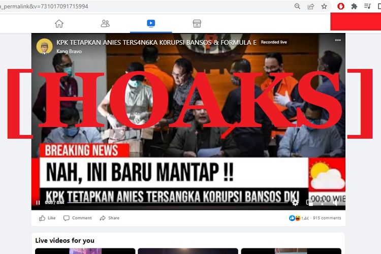 Tangkapan layar Facebook narasi yang menyebut bahwa Anies Baswedan ditetapkan menjadi tersangka oleh KPK karena korupsi bansos dan Formula E