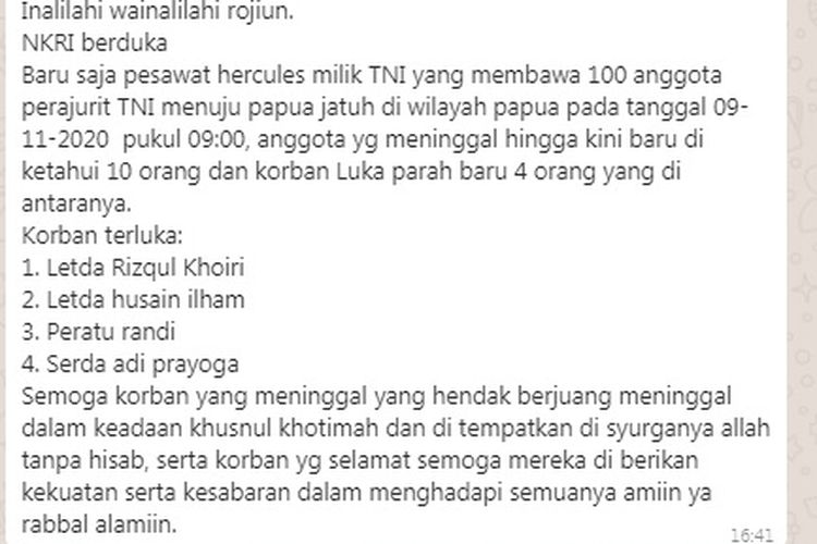 Tangkapan layar Whatsapp Hoaks pesawat hercules jatuh