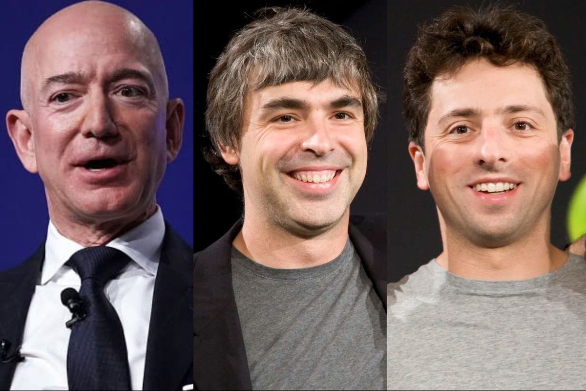 Pendiri Amazon Jeff Bezos (kiri), bersama dua pendiri Google, Larry Page (tengah) dan Sergey Brin (kanan).