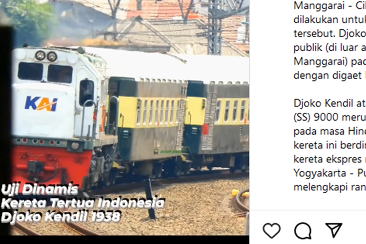 Tangkapan layar unggahan kereta heritage Djoko Kendil sedang uji coba pada Kamis (7/9) di lintas Manggarai-Cikampek.
