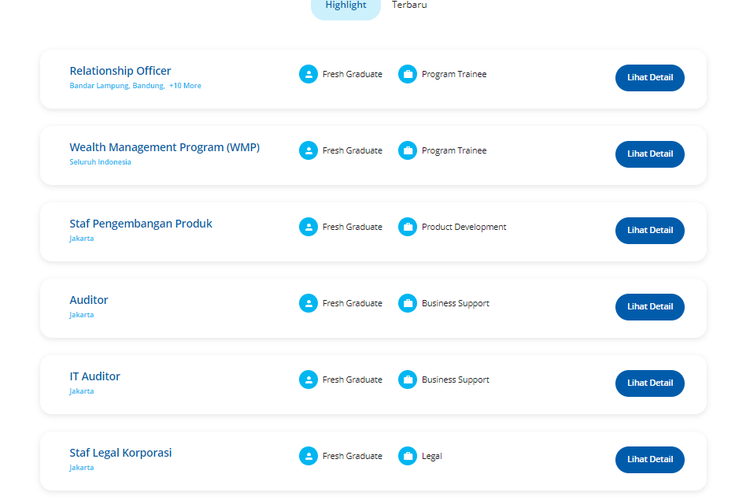 Tangkapan layar sejumlah formasi jabatan atau lowongan kerja yang dibuka oleh BCA.