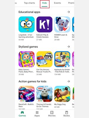 Tampilan berbagai aplikasi di tab kids Google Play Store, berdasarkan kategori.