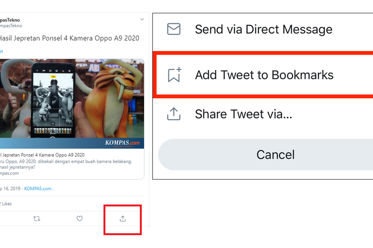 Cara mencari menu bookmarks dengan mengetuk ikon share di bawah postingan yang ingin disimpan.