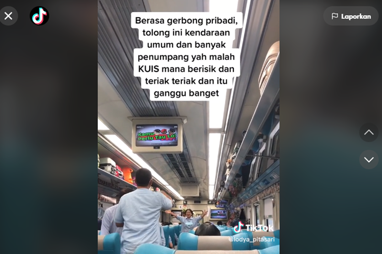 Tangkapan layar unggahan video TikTok dari seorang penumpang kereta api dibuat kesal dengan perilaku penumpang lain yang terlalu berisik dan mengganggu, karena main kuis di dalam kereta.