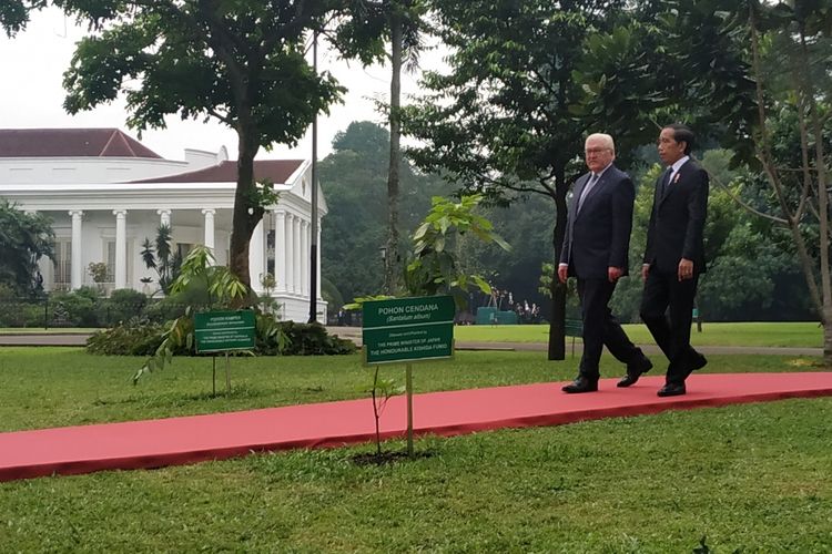 Indonesia's President Joko Widodo (right) and his German counterpart Frank-Walter Steinmeier (left) are walking along the garden in Bogor Presidential Palace during the latter's state visit to Indonesia on Thursday, June 16. 