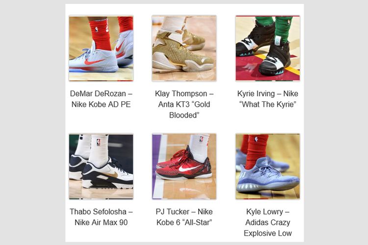 Enam dari 12 sneakers bintang NBA yang dipilih laman ESPN sebagai sepatu yang paling menarik perhatian pada musim kompetisi 2017/2018. 