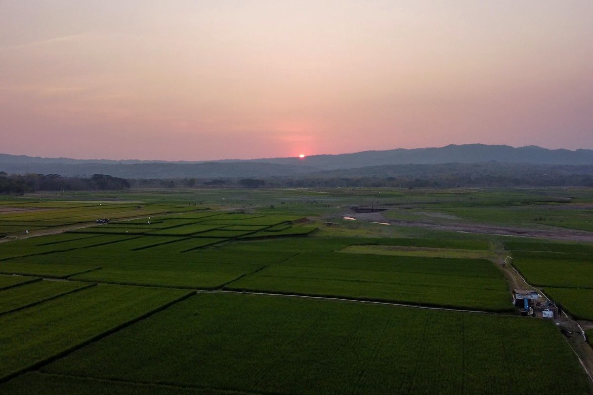 Tempat ini merupakan dasar Waduk Gajah Mungkur Wonogiri yang surut saat musim kemarau. Beberapa bagian menjadi padang rumput dan lahan persawahan, Sabtu (7/10/2023).