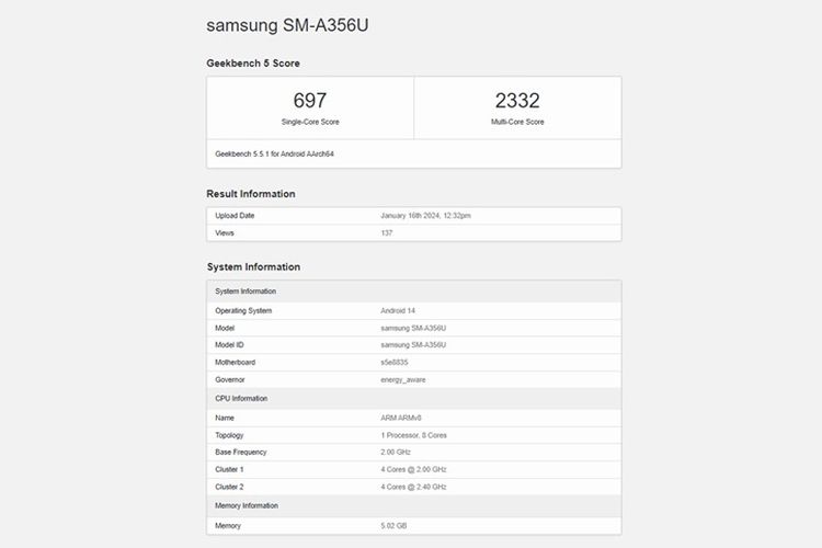 Skor Geekbench Samsung Galaxy A35