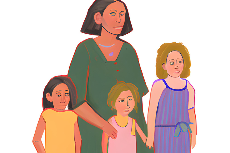 Ilustrasi ibu yang miskin dengan putri-putrinya