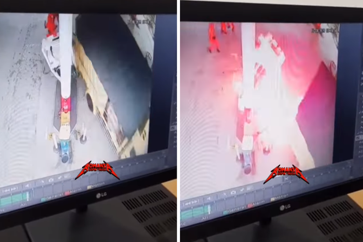 Tangkapan layar video viral yang memperlihatkan detik-detik truk tergelincir dan menabrak dispenser stasiun pengisian bahan bakar umum (SPBU) hingga terbakar.