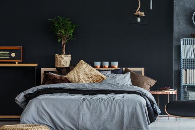 Ilustrasi kamar tidur dengan warna hitam.