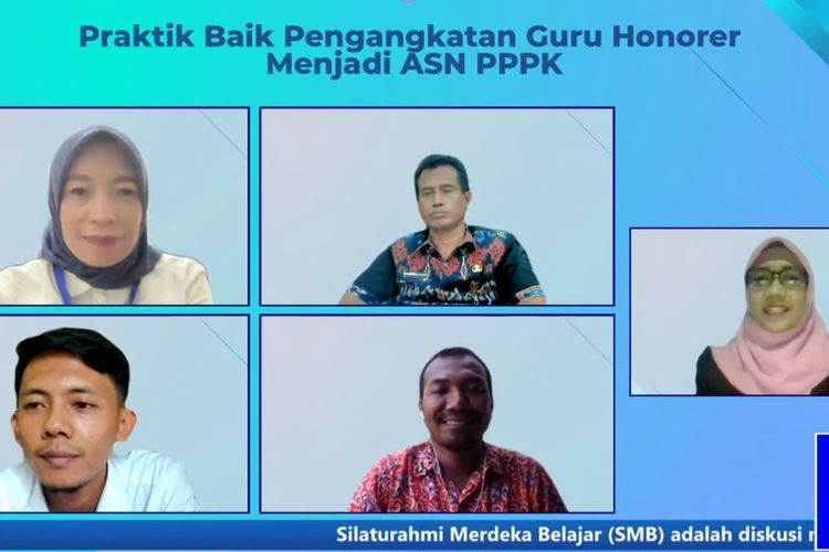 Direktur Jenderal (Dirjen) Guru dan Tenaga Kependidikan (GTK) Kemendikbud Ristek Nunuk Suryani saat menjadi narasumber webinar Silaturahmi Merdeka Belajar (SMB) berjudul ?Praktik Baik Pengangkatan Guru Honorer menjadi ASN PPPK? pada Kamis (9/11/2023). Tiga narasumber lain, yakni Sekretaris Daerah (Sekda) Sumba Timur, Nusa Tenggara Timur (NTT) Umbu Ngadu Ndamu; guru SDN 3 Tekad Tanggamus, Lampung, guru ASN PPPK 2021 Avisa Apvif Kusuma; dan guru SMP Negeri Nuba Arat,Sikka, NTT, guru ASN PPPK 2022 Yulius Edison Dara.
