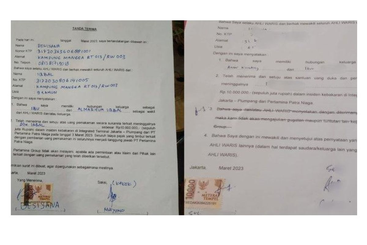 Penampakan dua versi surat dari Pertamina seiring penyerahan uang Rp 10 juta kepada keluarga korban tewas Plumpang.