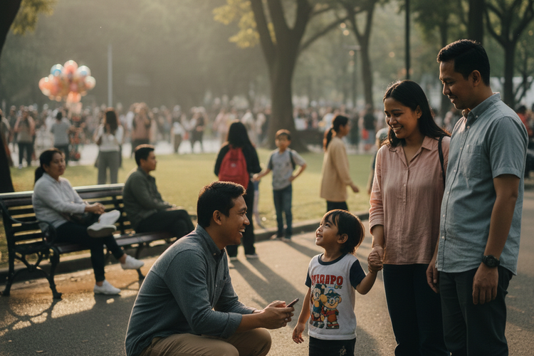 Ilustrasi laki-laki mengobrol dengan anak kecil.