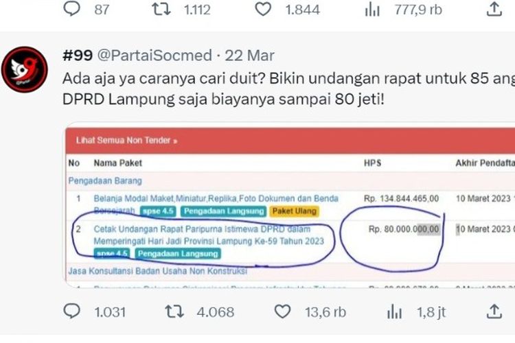 Postingan mengenai percetakan undangan DPRD Lampung Rp 80 juta. 