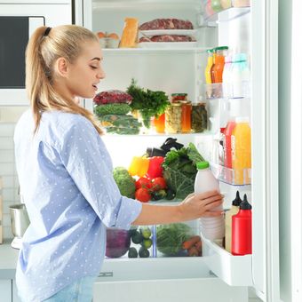 Ilustrasi kulkas, lemari es, menyimpan makanan di kulkas. 