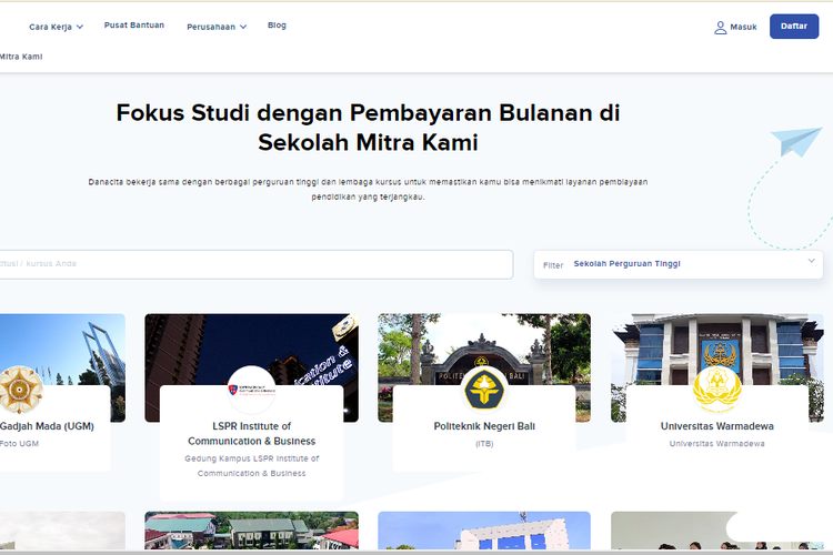 Tangkapan layar daftar perguruan tinggi yang bekerja sama dengan Danacita untuk bantuan pendanaan kuliah