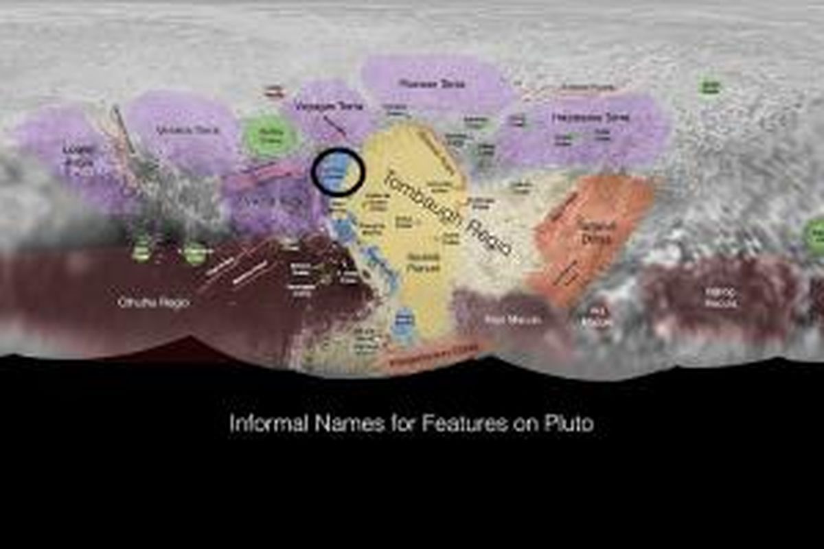 Al Idrisi Montes (dilingkari) dan fitur Pluto lainnya