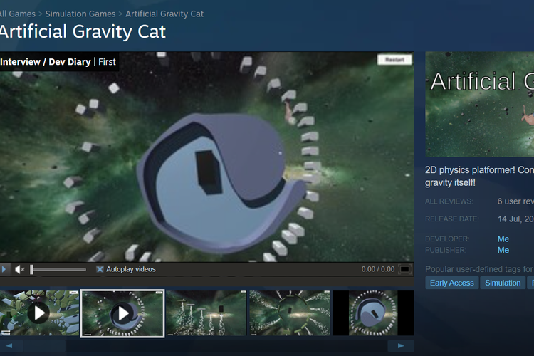 Ilustrasi game Artificial Gravity Cat yang dijual oleh developer misterius bernama Me di Steam.