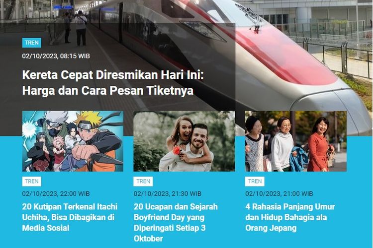 Tangkapan layar berita populer di laman Tren sepanjang Senin (2/10/2023) hingga Selasa (3/10/2023) pagi.