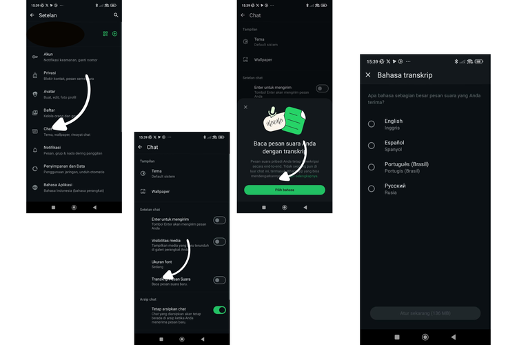Ilustrasi cara aktifkan transkrip voice note WhatsApp