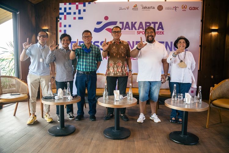 Suasana konferensi pers Jakarta Sports Week 2022. Dinas Pariwisata dan Ekonomi Kreatif DKI Jakarta akan menggelar Jakarta Sports Week pekan ini pada 9 dan 11-13 November 2022.