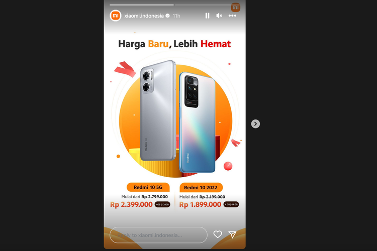 Tangkapan layar pengumuman penurunan harga HP Xiaomi di Instagram Stories Xiaomi Indonesia (handle @xiaomi.indonesia), Selasa (17/1/2023) (Kompas.com/Caroline Saskia Tanoto)