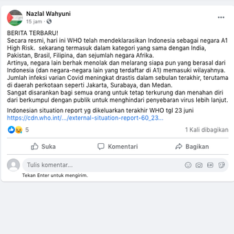 Tangkapan layar yang menyebut Indonesia masuk daftar WHO sebagai negara A1 atau high risk Covid-19