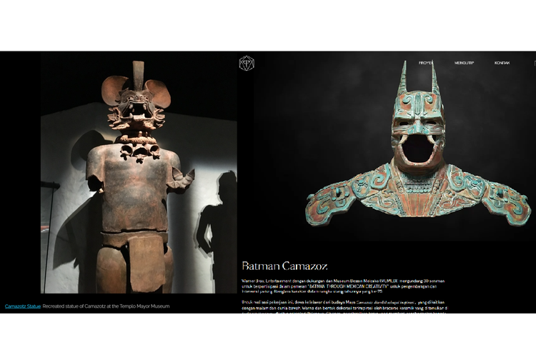 Perbandingan patung perwujudan Camazotz (kiri) dewa kelelawar suku Maya, dengan karya seni Batman Camazotz pada pameran di Meksiko pada 2014.
