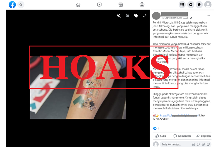 Tangkapan layar unggahan dengan narasi hoaks di sebuah akun Facebook, Senin (19/9/2022), yang menyebut bahwa Bill Gates meramalkan tato elektronik.