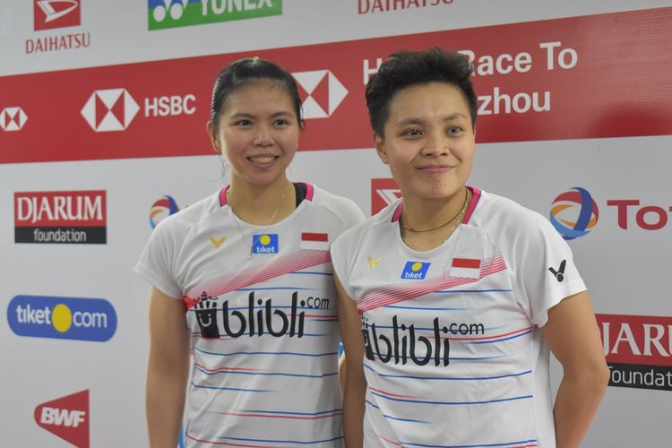 Greysia Polii/Apriyani Rahayu dalam konferensi pers usai pertandingan babak pertama Indonesia Masters 2020 di Istora Senayan, Jakarta, Rabu (15/1/2020). 