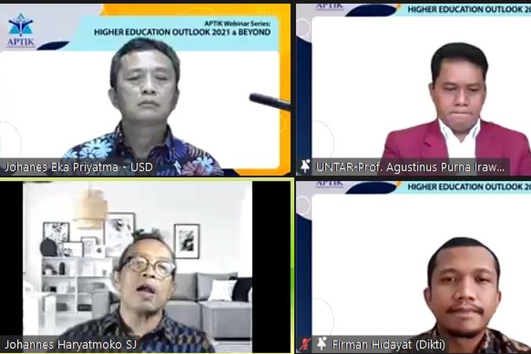 Rektor Untar Agustinus Purna Irawan bersama narasumber lainnya dalam acara webinar Asosiasi Perguruan Tinggi Katolik (APTIK).