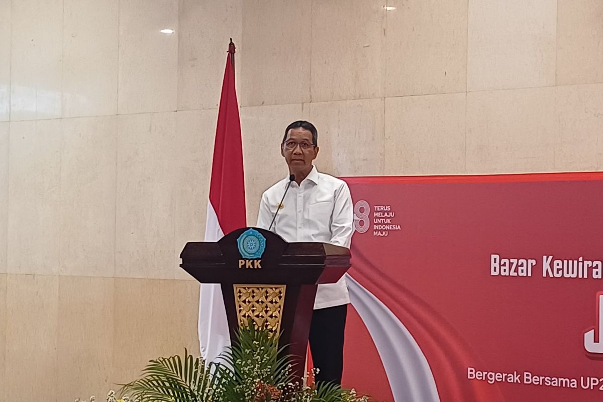 Pj Gubernur DKI Jakarta Heru Budi Hartono saat memberikan sambutan di Balai Kota DKI Jakarta, Selasa (29/8/2023).