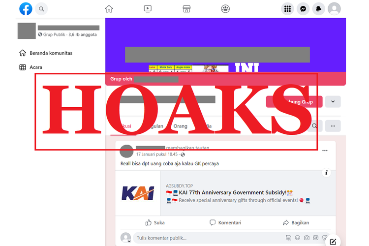 Tangkapan layar unggahan dengan narasi hoaks di sebuah akun Facebook, Selasa (17/1/2023), mengenai subsidi pemerintah dalam rangka HUT ke-77 PT KAI.