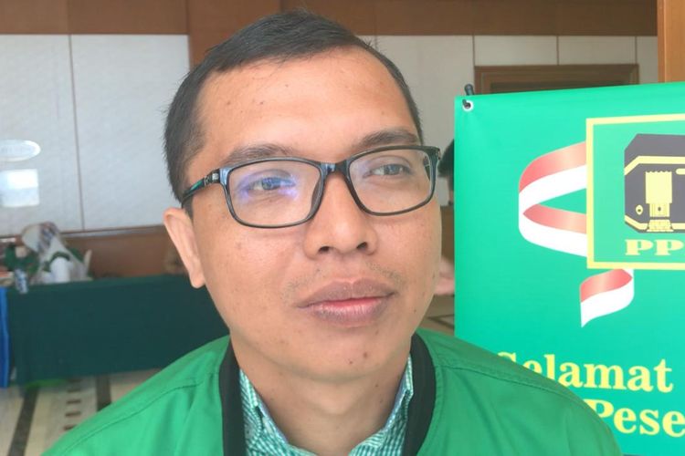 Achmad Baidowi di lokasi Mukernas V PPP, Hotel Grand Sahid Jaya, Jakarta, Sabtu (14/12/2019).