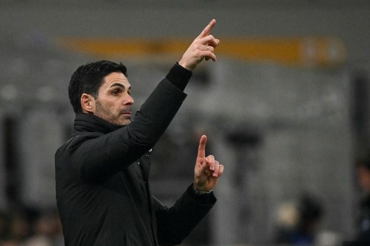 Manajer Arsenal asal Spanyol, Mikel Arteta, bereaksi  pada laga Liga Champions, fase liga hari ke-7, antara Inter Milan dan Arsenal di stadion San Siro di Milan, Italia utara, pada 20 Januari 2026.