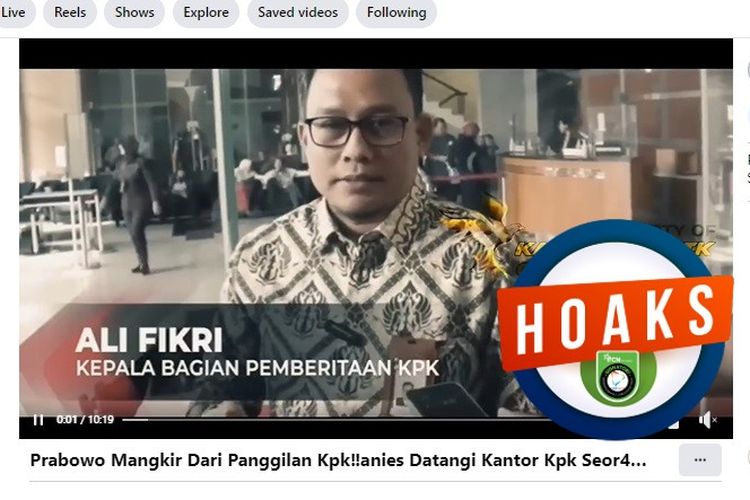 Tangkapan layar Facebook narasi yang menyebut Prabowo mangkir dari panggilan KPK