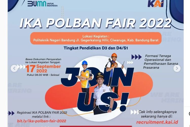 PT KAI membuka lowongan kerja bagi lulusan SMA hingga S1 dalam bursa kerja di tiga kota besar di Indonesia