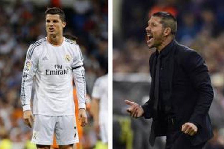 Gelandang Real Madrid, Cristiano Ronaldo (kiri) dan pelatih Atletico Madrid, Diego Simeone (kanan).