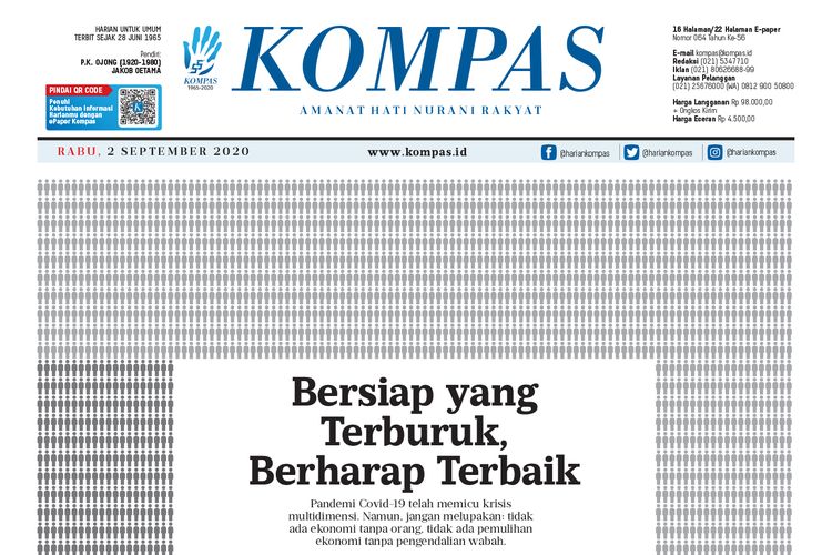 Tangkapan layar e-paper Kompas 2 September 2020 yang memenangi penghargaan tertinggi emas kategori Desain Halaman Depan Surat Kabar dalam Asian Media Awards 2021 pada Kamis (22/7/2021). 