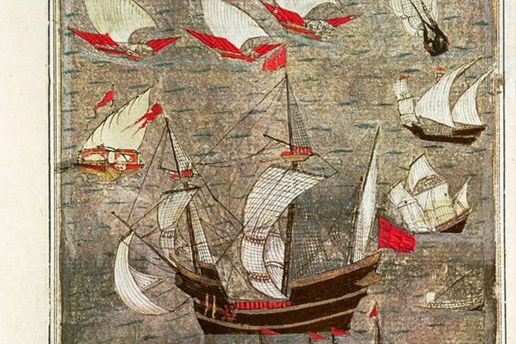 Ilustrasi armada Kekaisaran Turki Usmani yang menuju Aceh pada abad ke-16.