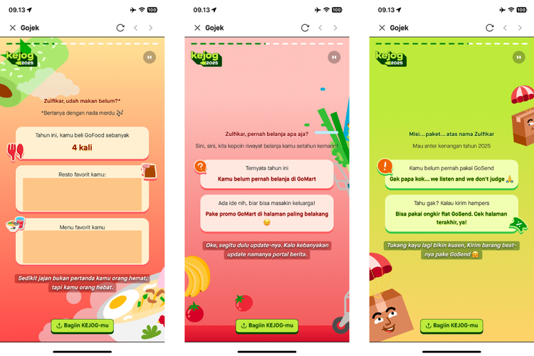 Rangkuman GoFood, GoMart, dan GoSend dalam Gojek Wrapped 2025.