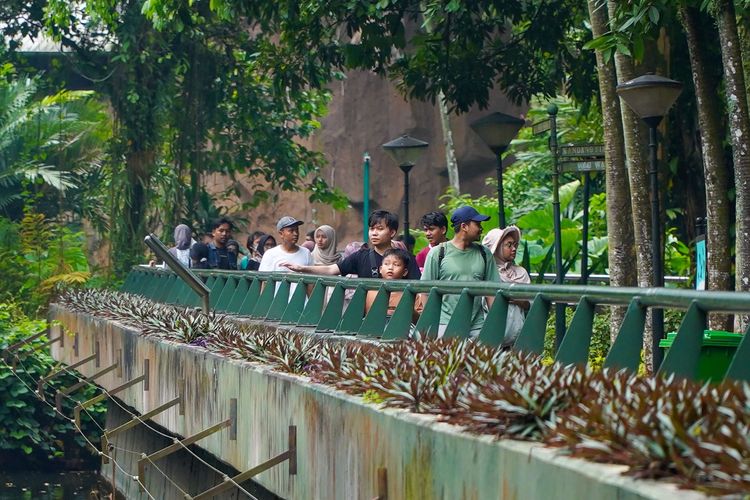 Pengunjung menikmati Pusat Primata Schmutzer di Taman Margasatwa Ragunan, Jakarta, Sabtu (28/6/2025). Libur panjang akhir pekan dimanfaatkan warga Jakarta dan sekitarnya untuk berlibur bersama keluarga. Untuk masuk Taman Margasatwa Ragunan, pengunjung membayar tiket sebesar Rp 3.000 untuk anak-anak dan Rp 4.000 untuk dewasa.