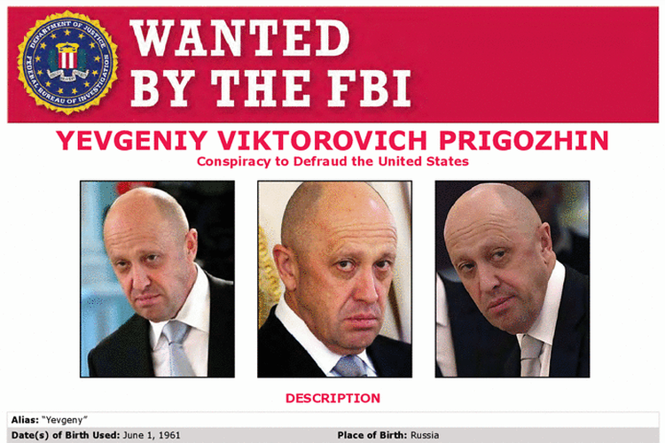 Tangkapan layar file pencarian orang FBI yang memuat detail informasi terkait pemimpin kelompok Wagner, Yevgeny Prigozhin.